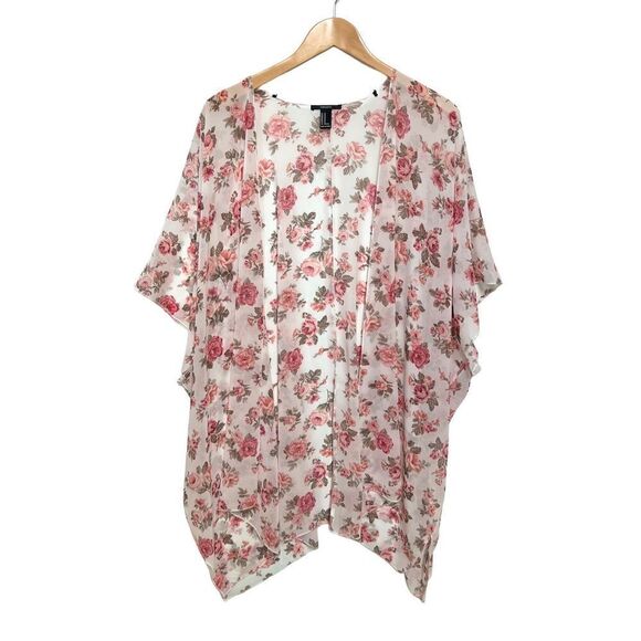 Forever 21 Kimono Robe Sheer Flowy Pink White Roses Flowers Boho size M - Picture 1 of 10